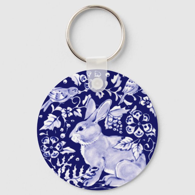 Navy Blue Rabbit Bunny Bird Floral Dedham Delft Schlüsselanhänger (Vorderseite)