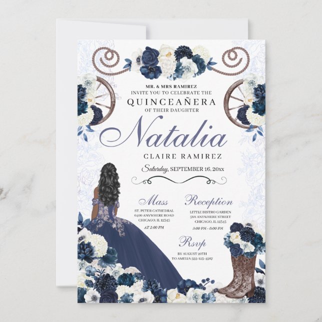 Navy Blue Ranchero Princess Dress Quinceanera Einladung (Vorderseite)