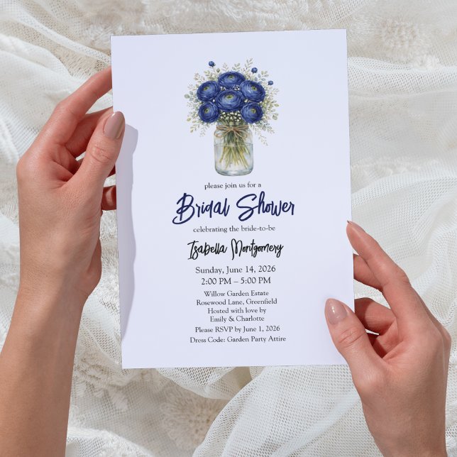 Navy Blue Ranunculus Mason Jar Bridal Shower Einladung (Navy Blue Ranunculus Mason Jar Bridal Shower Invitations
)