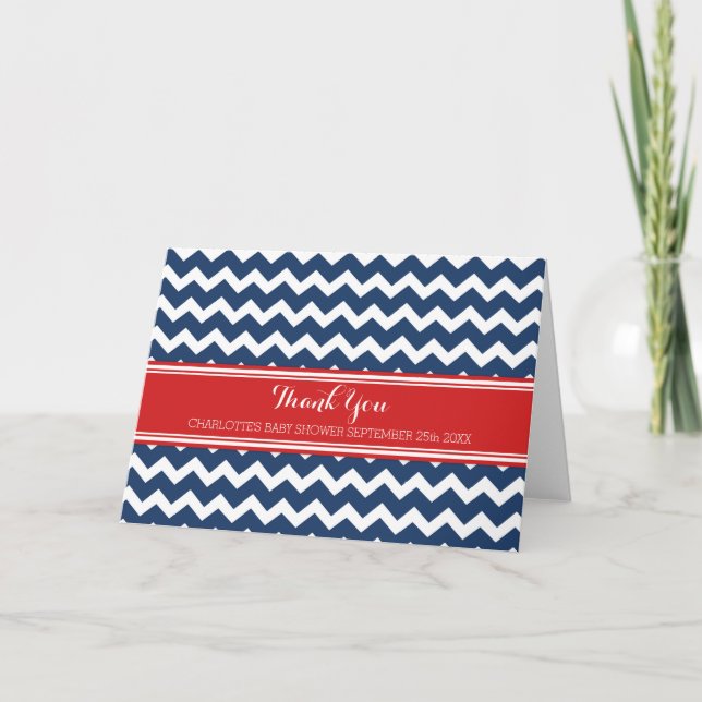 Navy Blue Red Chevrons Baby Dusche Danke Karte (Vorderseite)