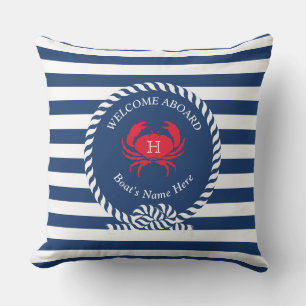 Navy Blue Red Crab Nautical Stripes Name Out Kissen