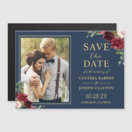 Navy Blue Red Floral Save the Date Foto Magnet