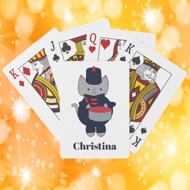 Navy Blue Red Marching Band Drum Cat Personalize Spielkarten (A deck of playing cards with a cat playing the snare drum in a navy blue & red marching band uniform)