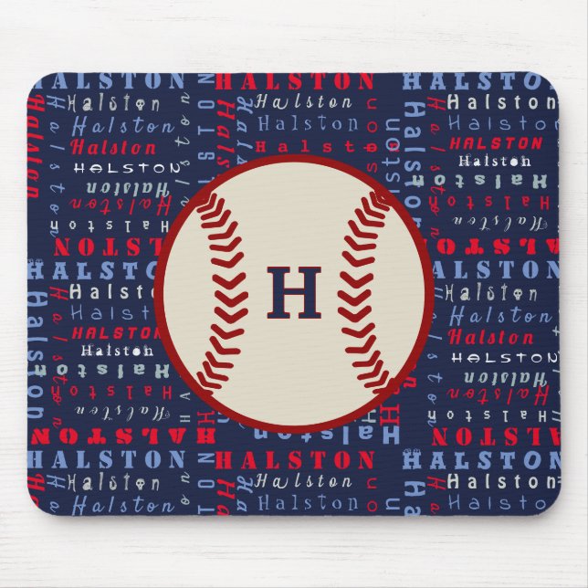Navy Blue, Red Monogram Name pattern Kids baseball Mousepad (Vorne)