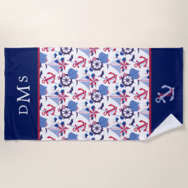 Navy Blue Red Nautic Pattern Monogram Strandtuch