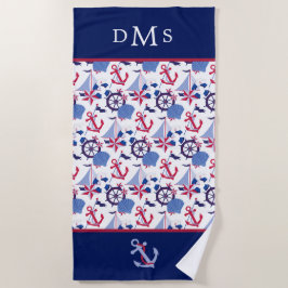 Navy Blue Red Nautic Pattern Monogram Strandtuch