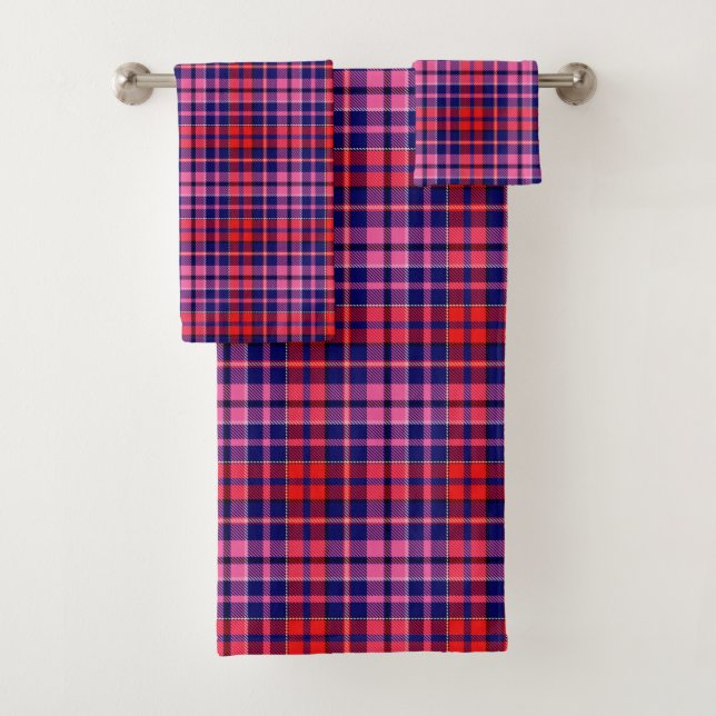 Navy Blue Red Pink Plaid Tartan Design  Badhandtuch Set (Insitu)