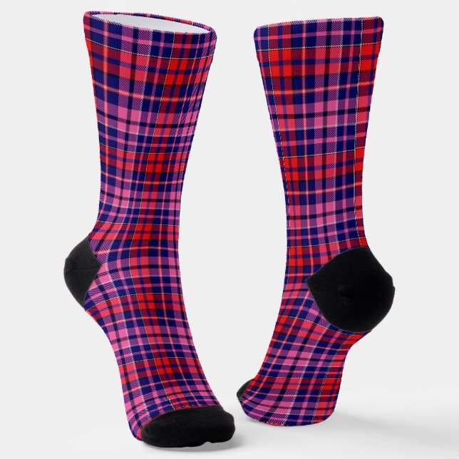 Navy Blue Red Pink Plaid Tartan Design  Socken (Gewinkelt)