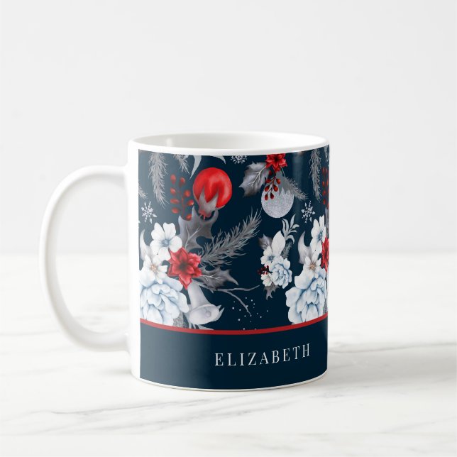 Navy Blue Red Silver Foliage Holiday Kaffeetasse (Links)