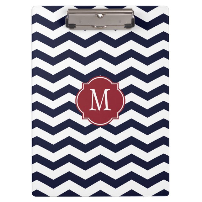 Navy Blue & Red Zickzack Monogram Clipboard Klemmbrett (Vorderseite)