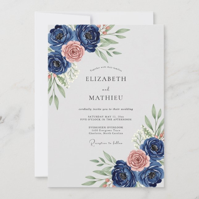 Navy Blue Refined Botanical Wedding Einladung (Vorderseite)