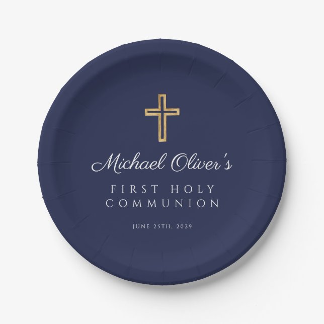 Navy Blue Religious Cross Boy First Communion Pappteller (Vorderseite)