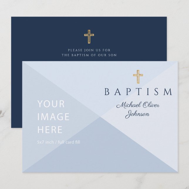 Navy Blue Religious Cross Boy Taufe Custom Image Einladung (Vorne/Hinten)