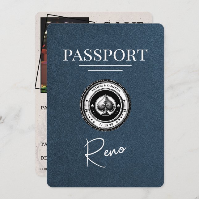 Navy Blue Reno Passport Save the Date (Vorne/Hinten)