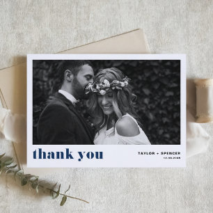 Navy Blue Retro Bold Typografy Foto Wedding Dankeskarte