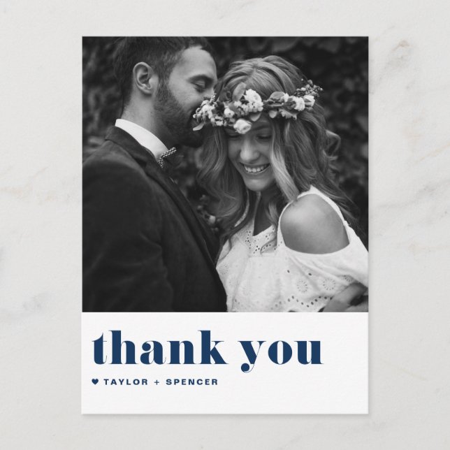 Navy Blue Retro Bold Typografy Wedding Vielen Dank Postkarte (Vorderseite)