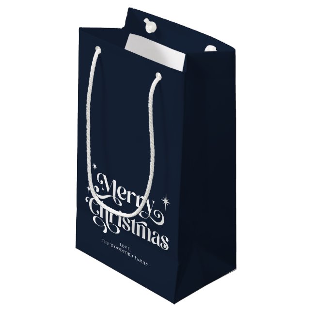 Navy Blue Retro Frohe Weihnachten Kleine Geschenkt Kleine Geschenktüte (Vorderseite Schrägansicht)
