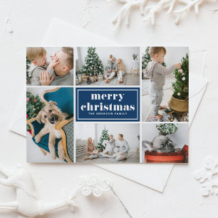 Navy Blue Retro Frohe Weihnachtsfoto Collage Feiertagskarte