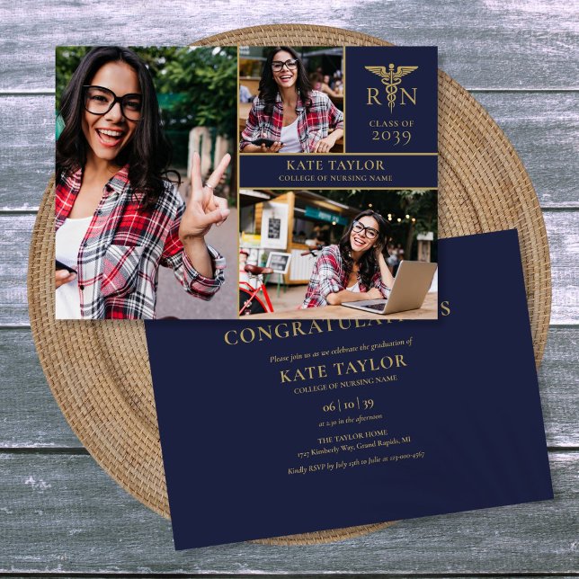 Navy Blue RN Nursing 3 Foto Graduation Party Einladung (Navy Blue RN Nursing 3 Photo Graduation Party Invitation)