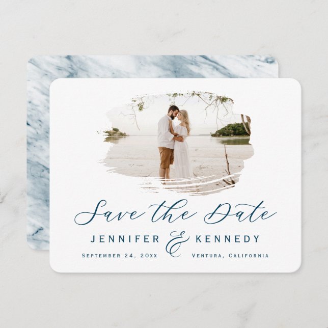 Navy Blue Romantic Brushframe mit Foto Save The Date (Vorne/Hinten)