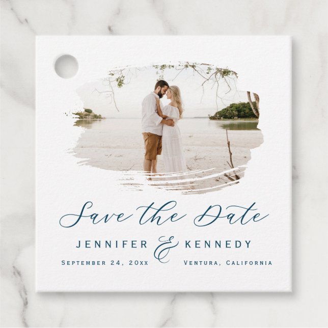 Navy Blue Romantic Brushframe Save the Date Geschenkanhänger (Vorderseite)