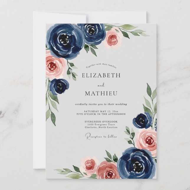 Navy Blue Romantic Peony Wedding Einladung (Vorderseite)
