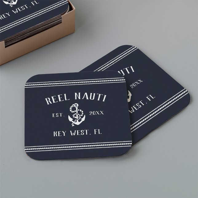 Navy Blue Rope & Anchor Boat Name Square Rechteckiger Pappuntersetzer (Von Creator hochgeladen)