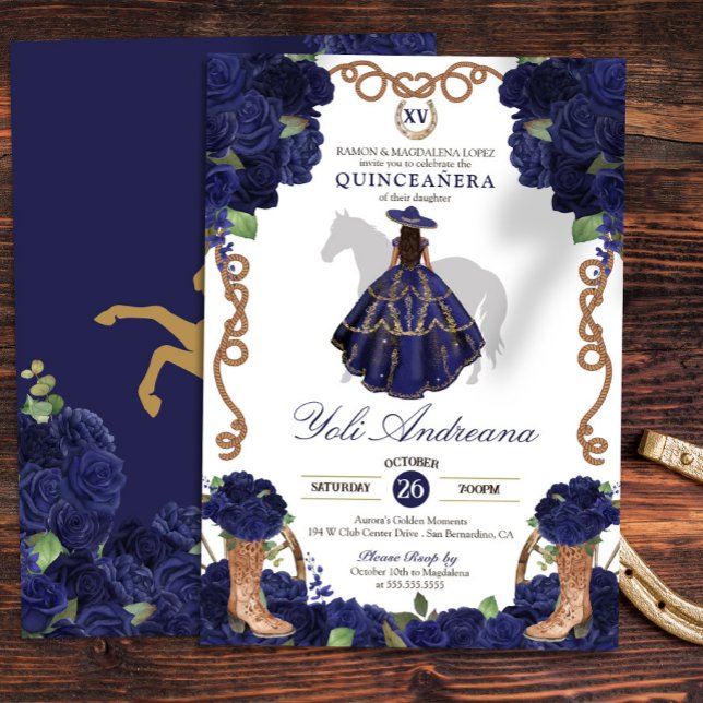 Navy Blue Rose Boots Charra Vestidos Quinceañera Einladung (Von Creator hochgeladen)