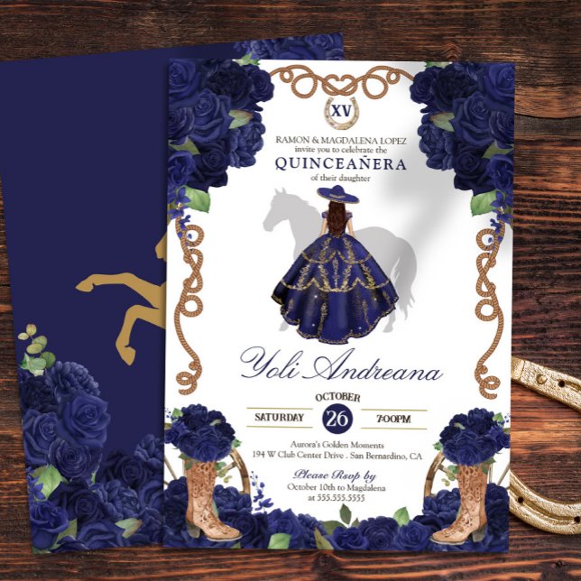 Navy Blue Rose Boots Charro Vestidos Quince Anos Einladung (Von Creator hochgeladen)