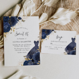 Navy Blue Rose & Dress Gold Sweet 16 Party Einladung