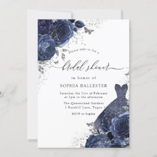 Navy Blue Rose & Dress Silver Brautparty Einladung