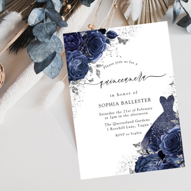 Navy Blue Rose & Dress Silver Quinceanera Party Einladung (Von Creator hochgeladen)