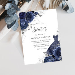 Navy Blue Rose & Dress Silver Sweet 16 Party Einladung