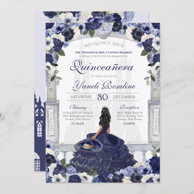 Navy Blue Rose Elegante Charro Princess Quinceaner Einladung (Vorne/Hinten)