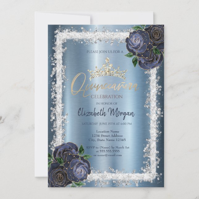 Navy Blue Rose, Glitzer Frame Crown Metallic Einladung (Vorderseite)