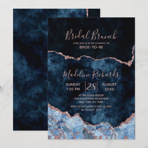 Navy Blue Rose Gold Agate Bridal Brunch Einladung