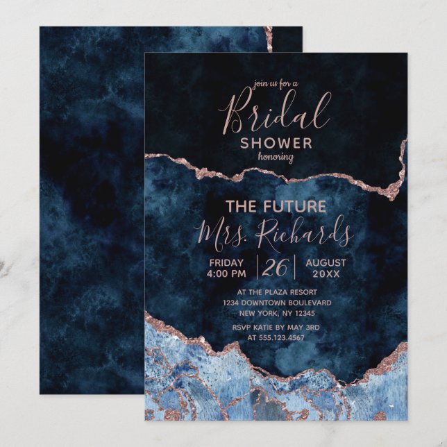 Navy Blue Rose Gold Agate Bridal Dusche Einladung (Vorne/Hinten)