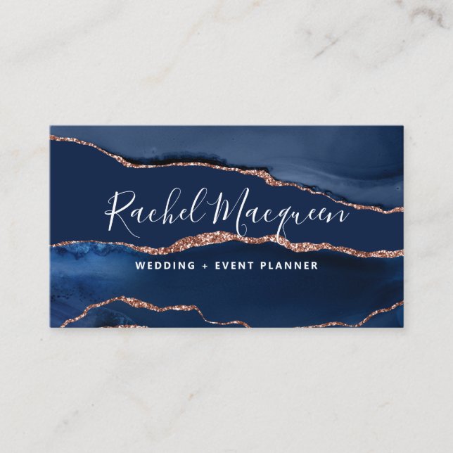 Navy Blue Rose Gold Agate Marble Business Card Visitenkarte (Vorderseite)