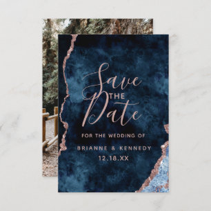 Navy Blue Rose Gold Agate Marble Foto auf der Rück Save The Date