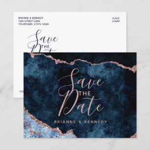 Navy Blue Rose Gold Agate Marble Save the Date Ankündigungspostkarte