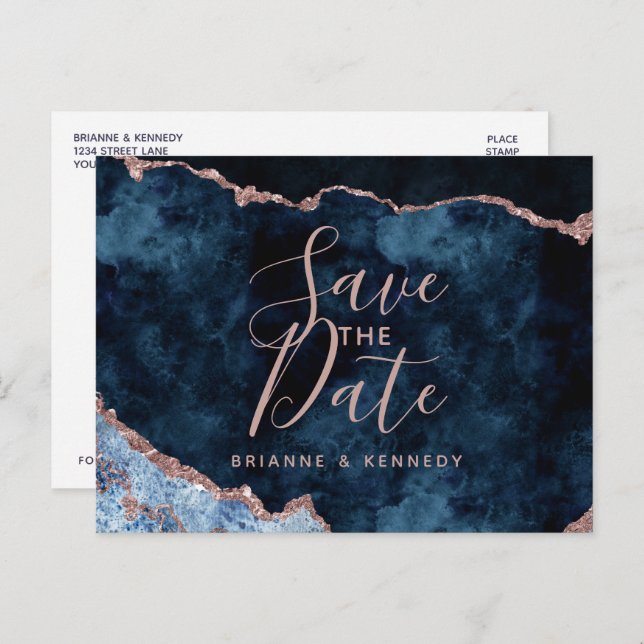 Navy Blue Rose Gold Agate Marble Save the Date Ankündigungspostkarte (Vorne/Hinten)