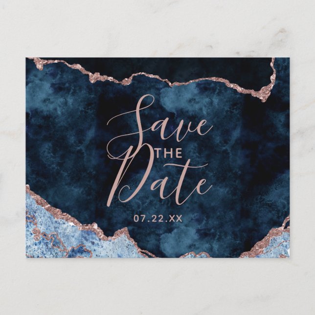 Navy Blue Rose Gold Agate Marble Save the Date Ankündigungspostkarte (Vorderseite)