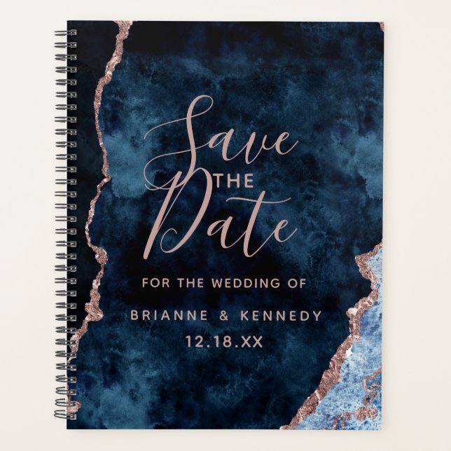 Navy Blue Rose Gold Agate Marble Save the Date Planer (Vorderseite)