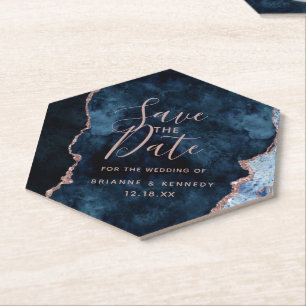 Navy Blue Rose Gold Agate Marble Save the Date Untersetzer