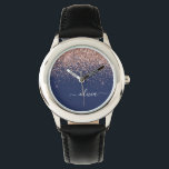 Navy Blue Rose Gold Blush Pink Glitzer Monogram Armbanduhr<br><div class="desc">Navy Blue und Rose Gold - Blush Pink Sparkle Glitzer Script Monogram Name Watch. Das macht den perfekten 16 Geburtstag,  Hochzeit,  Brautparty,  Jubiläum,  Babydusche oder Junggeselinnen-Abschied Geschenk für jemanden,  der Lieben glamourösen Luxus und schicke Stile.</div>