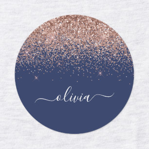 Navy Blue Rose Gold Blush Pink Glitzer Monogram Etiketten