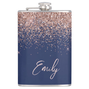 Navy Blue Rose Gold Blush Pink Glitzer Monogram Flachmann