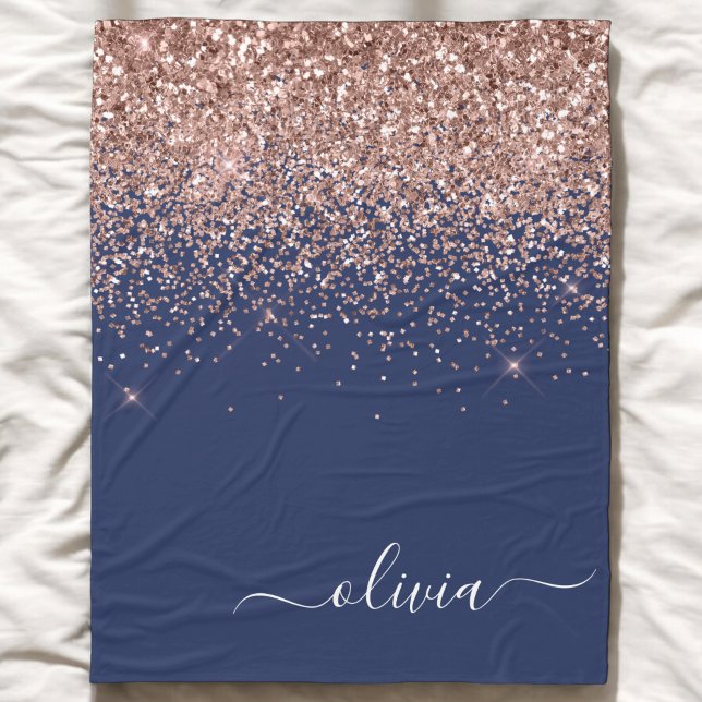 Navy Blue Rose Gold Blush Pink Glitzer Monogram Fleecedecke (Von Creator hochgeladen)