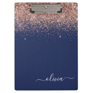 Navy Blue Rose Gold Blush Pink Glitzer Monogram Klemmbrett