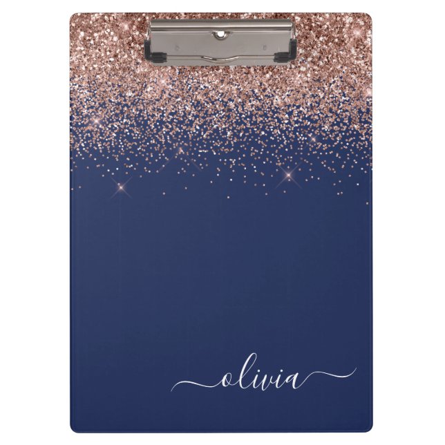 Navy Blue Rose Gold Blush Pink Glitzer Monogram Klemmbrett (Vorderseite)